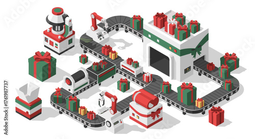 Isometric christmas gift factory with conveyor belts and festive packages