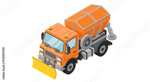 Isometric orange snowplow truck with plow blade and salt spreader on white background