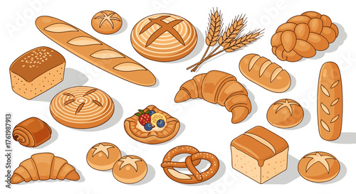Assorted bakery goods with breads, pastries, and wheat in colorful flat design