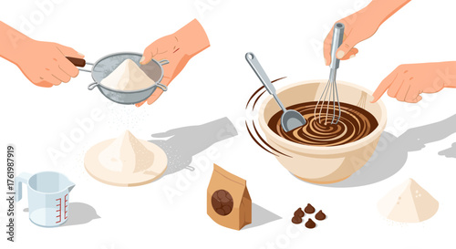 Baking process with ingredients and hands in flat style