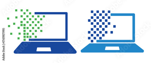 Two laptops dissolving into digital squares data loss concept computer