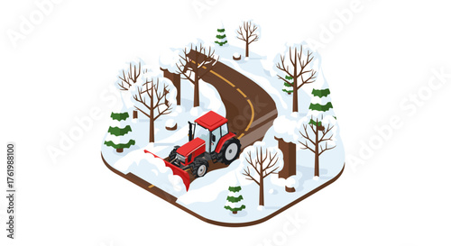 Isometric snow plow on winter road with snow-covered trees and pathway