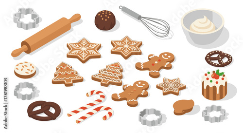 Festive holiday baking items with gingerbread and sweet treats in isometric style