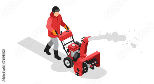 Winter maintenance worker operating red snow blower in isometric style