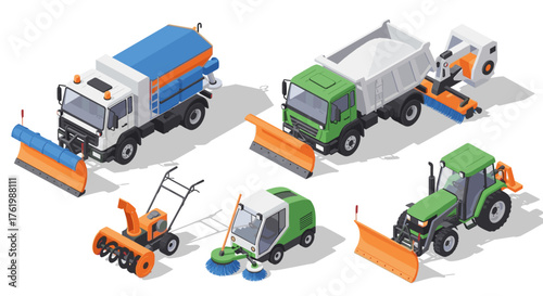 Isometric winter and street maintenance vehicles set for urban cleaning and snow removal