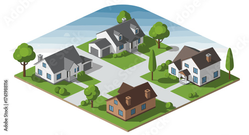 Isometric suburban neighborhood scene with detached houses and greenery