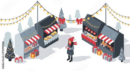 Festive market in winter wonderland with decorated stalls and holiday lights