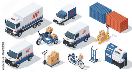 Isometric delivery vehicles and equipment set for logistics and transportation