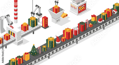 Festive factory with conveyor belt of christmas gifts in isometric style