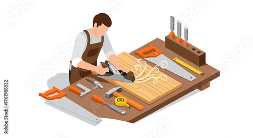 Carpenter in workshop using plane with tools on workbench in isometric style