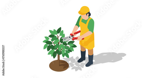 Gardener pruning tree in isometric style with shears