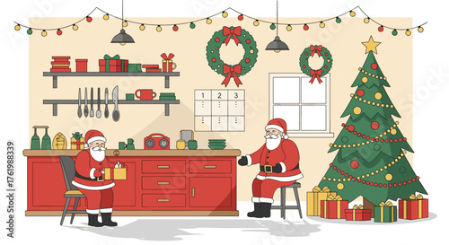 Cozy christmas kitchen with santa, gifts, tree, wreaths, and festive decor