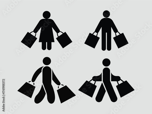 Four black silhouette figures carrying shopping bags on a gray background people silhouettes