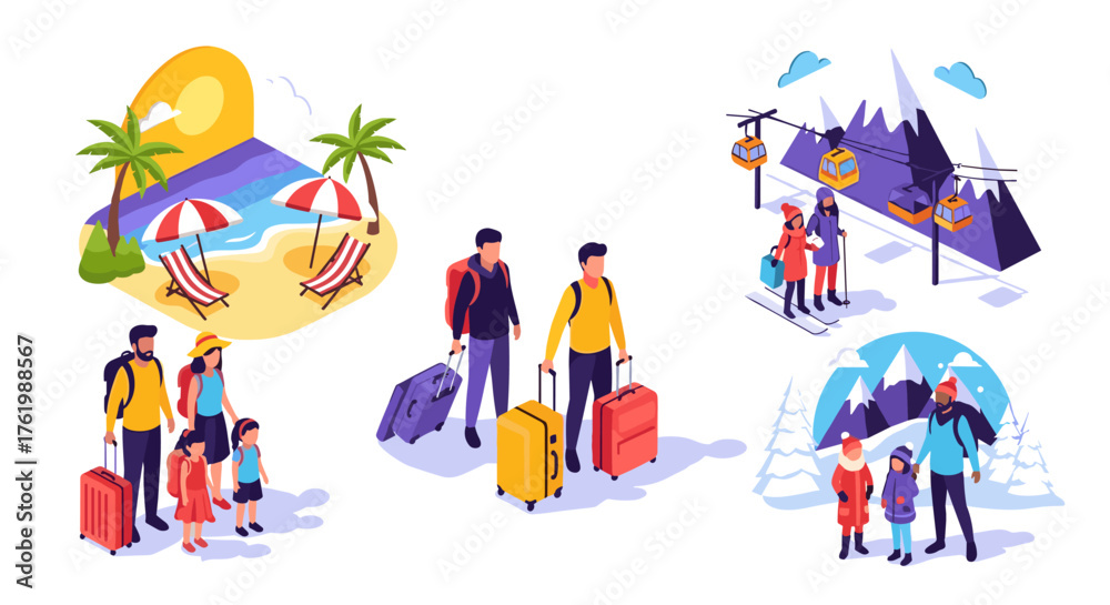 Naklejka premium Family vacations in summer and winter: beach and ski adventures with luggage