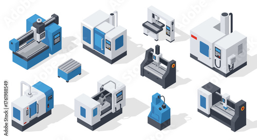 Isometric industrial machines set: cnc router, milling machines, and factory equipment
