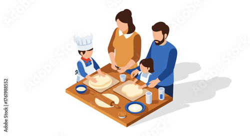 Family baking together with kids in isometric style