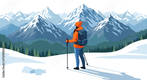 Mountain adventure: hiker exploring snowy peaks in vibrant winter landscape