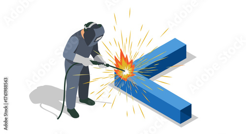 Isometric welder at work with sparking welding torch on metal beam