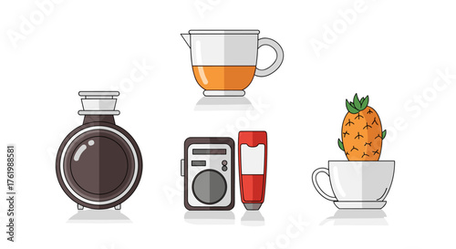 Minimalist kitchen utensils and foods in modern cartoon design
