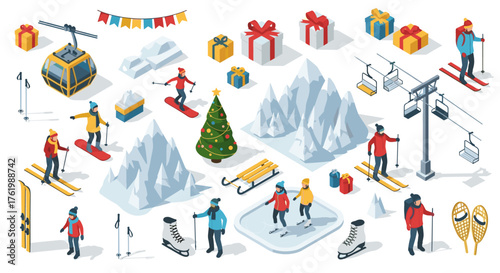 Winter activities and holiday set with skiers and skaters in isometric style