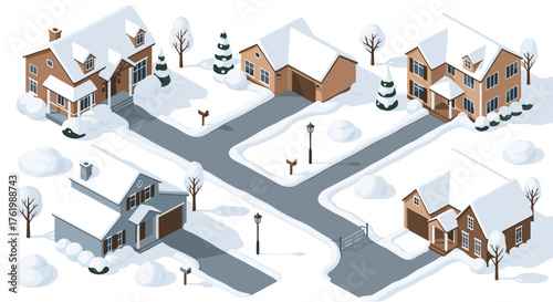 Isometric winter neighborhood scene with snow-covered houses and trees