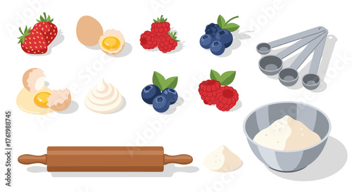 Baking ingredients collection with fruits and utensils on white background