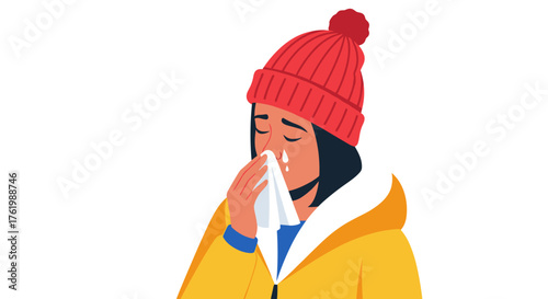 Winter cold: person sneezing in red hat and yellow coat against white background