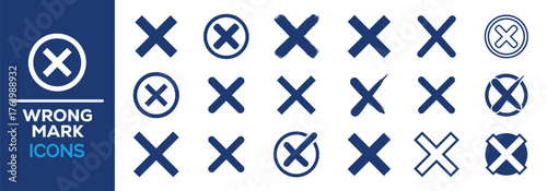 Set of diverse Wrong Mark Icons (X marks) in various styles: solid, outline, circled, and brush strokes. Ideal vector collection for error, rejection, or incorrect symbols in UI design.