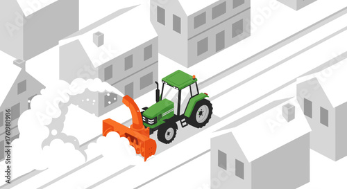 Isometric snowy city scene with green tractor clearing streets in winter