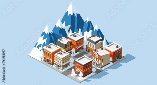 Isometric winter town with snowy mountains and colorful buildings