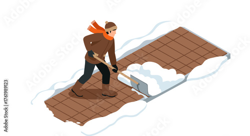 Isometric winter scene of man shoveling snow from driveway in warm attire