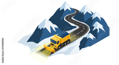 Snowy mountain road with snowplow truck on curvy path in wintertime