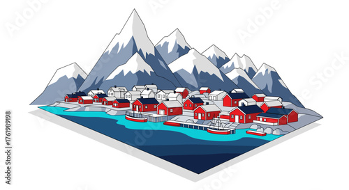 Cozy mountain village with red houses and snowy peaks in isometric style