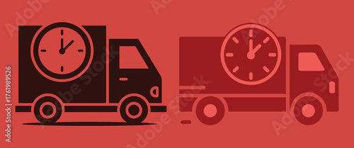 Two delivery trucks with clocks on red background time