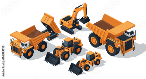 Isometric heavy construction equipment set with excavator and dump trucks