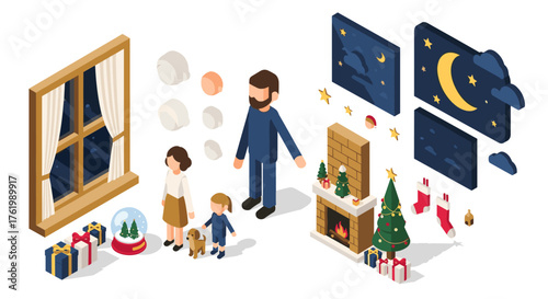 Isometric christmas eve scene with family, fireplace, and gifts