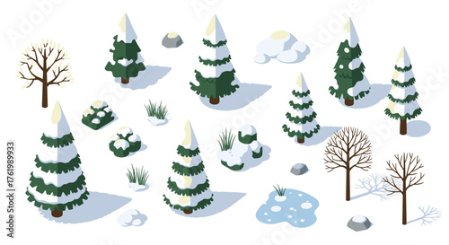 Isometric winter forest: snow-covered trees, rocks, and frozen pond scene