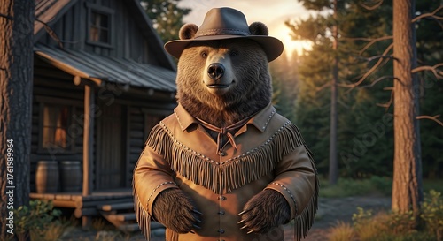 Bear in Western Outfit Standing Near Cabin in Forest.