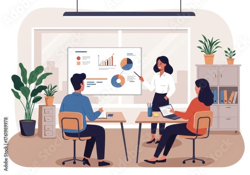 Business meeting with a presentation on growth and strategy in a modern office setting