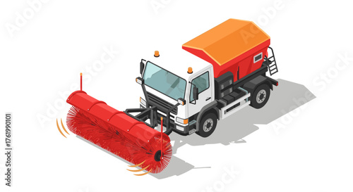 Isometric street sweeper truck with rotating brush for urban cleaning