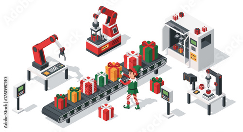 Festive workshop with robots and elves packing gifts on conveyor belt in isometric style