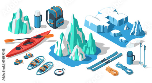 Outdoor adventure gear for winter sports enthusiasts in isometric style