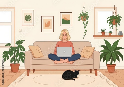 Woman working on laptop from home sofa in a cozy, plant-filled living room with a black cat, illustrating remote work, comfort, and a relaxed modern lifestyle