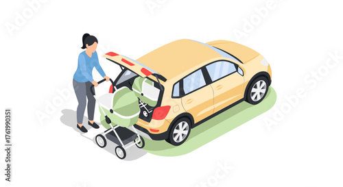 Isometric family travel: loading car trunk with stroller