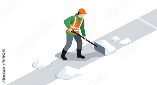 Worker in high visibility gear clearing snow from pathway