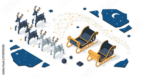 Festive isometric christmas sleigh and reindeer with starry night elements