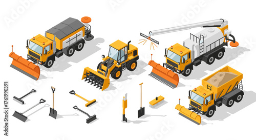 Isometric construction and maintenance vehicles with snow removal equipment