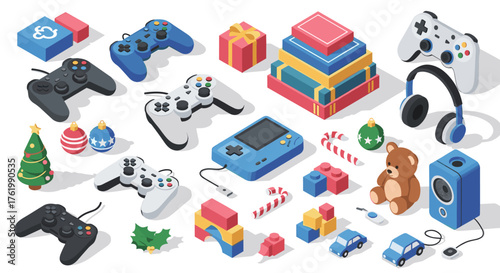 Isometric christmas gaming icons: game controllers, gifts, and holiday symbols