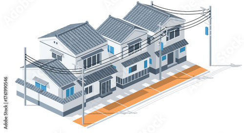 Charming japanese residential street in isometric view with traditional houses and power lines