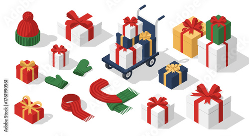 Festive isometric gifts and winter accessories for holiday season celebrations